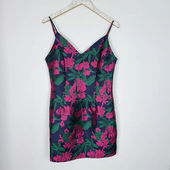 LULUS Absolutely Exquisite Navy Blue Floral Jacquard Mini Dress Size Large - Picture 2 of 10